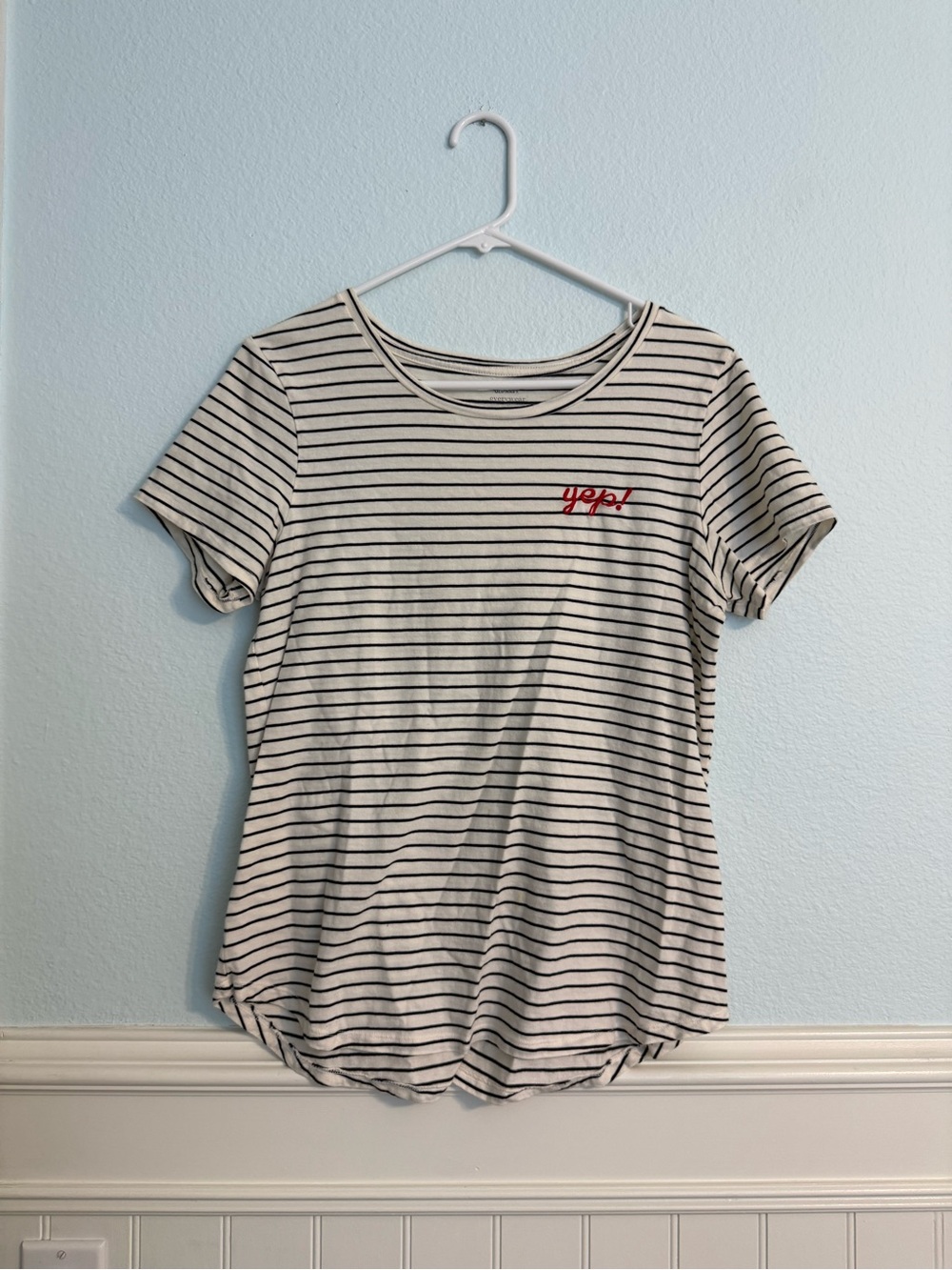 Old Navy Cream and Black Striped Short Sleeve Tee with Red Accent